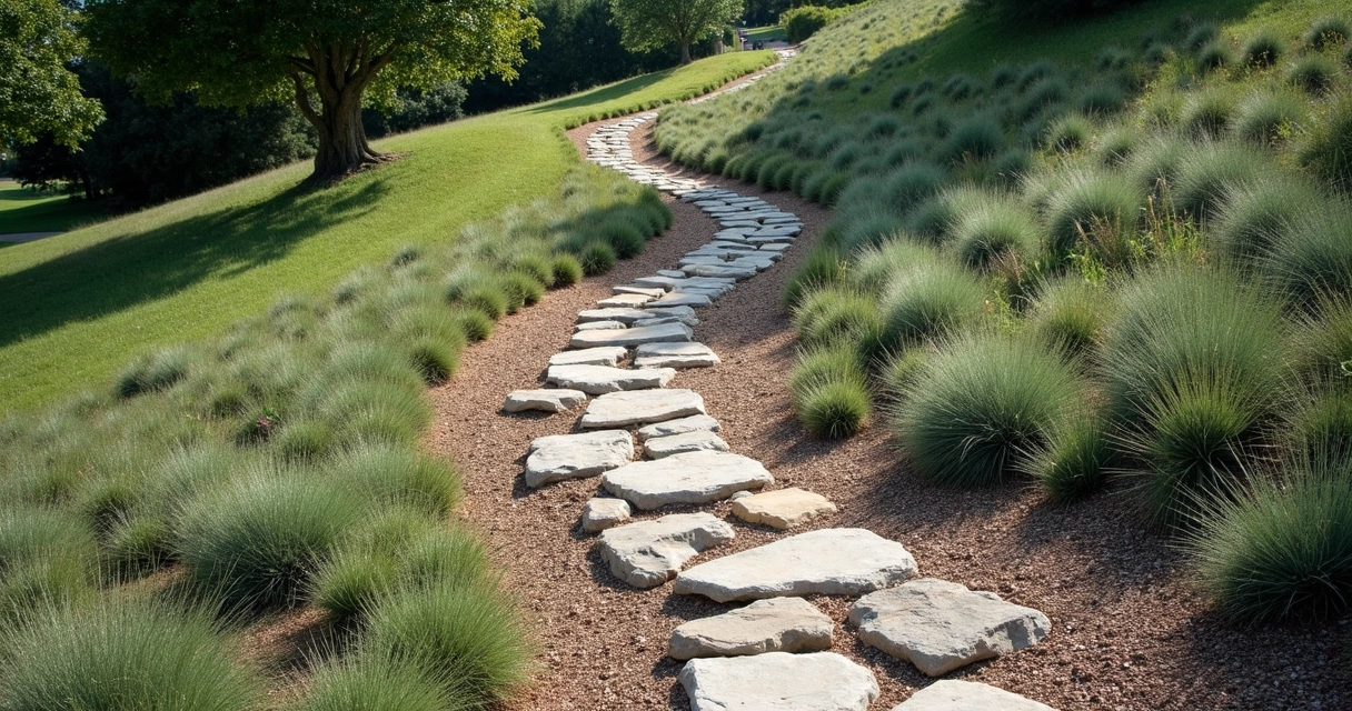 Dry creek bed with river stones navigating down a gentle slope between native Texas plants 