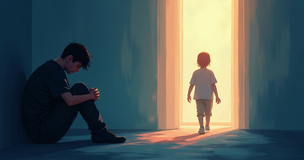 Duas sombras sobrepostas representando uma pessoa sentada demonstrando dor e outra caminhando simbolizando movimento e superação, ambas conectadas por um fundo suave. 