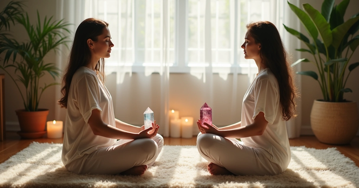 Duas amigas sentadas de frente segurando cristais nas mãos 