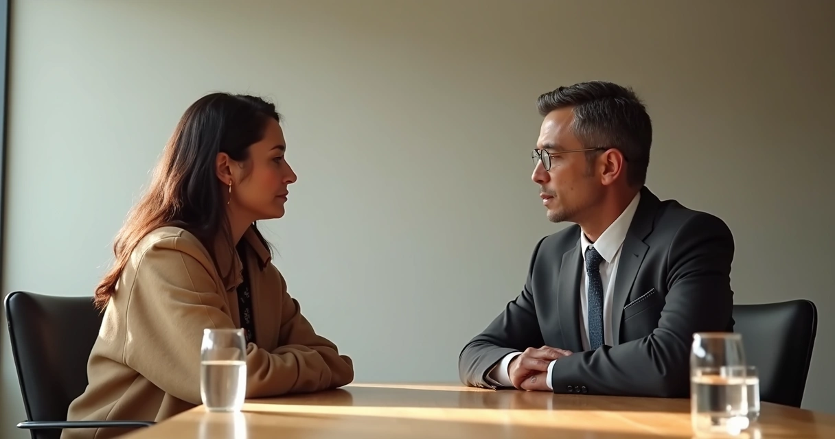 Duas pessoas de culturas diferentes em silêncio se olhando numa mesa de reunião