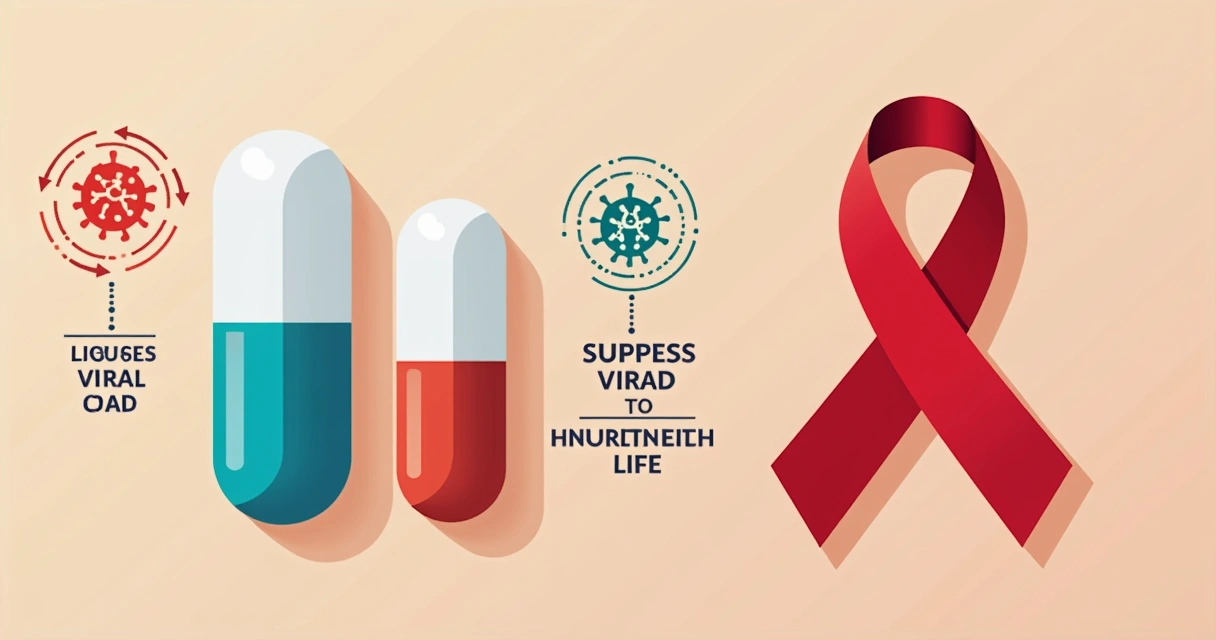 Eficácia e segurança dos regimes de duas drogas no HIV 4 Cartaz educativo ilustrando dois comprimidos e o símbolo internacional do HIV