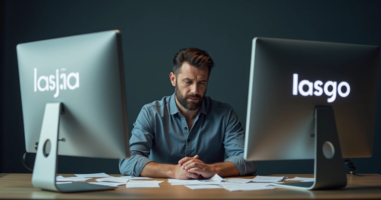 Homem sentado entre duas mesas, cada uma com logotipo de uma empresa diferente no monitor 