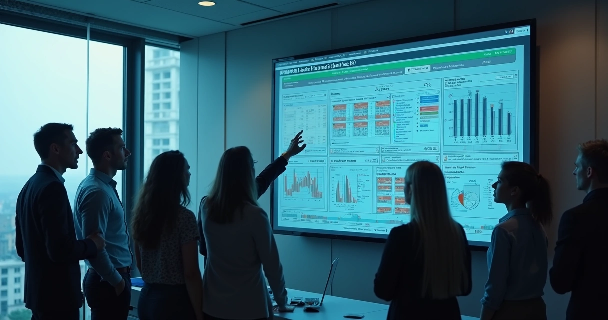 Equipe de negócios e equipe de tecnologia discutindo dados em grande tela 
