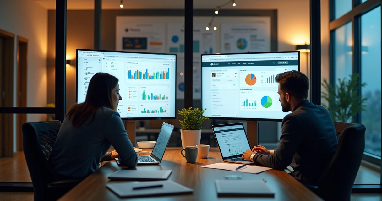 Equipes separadas de SEO e Google Ads trabalhando em notebooks 