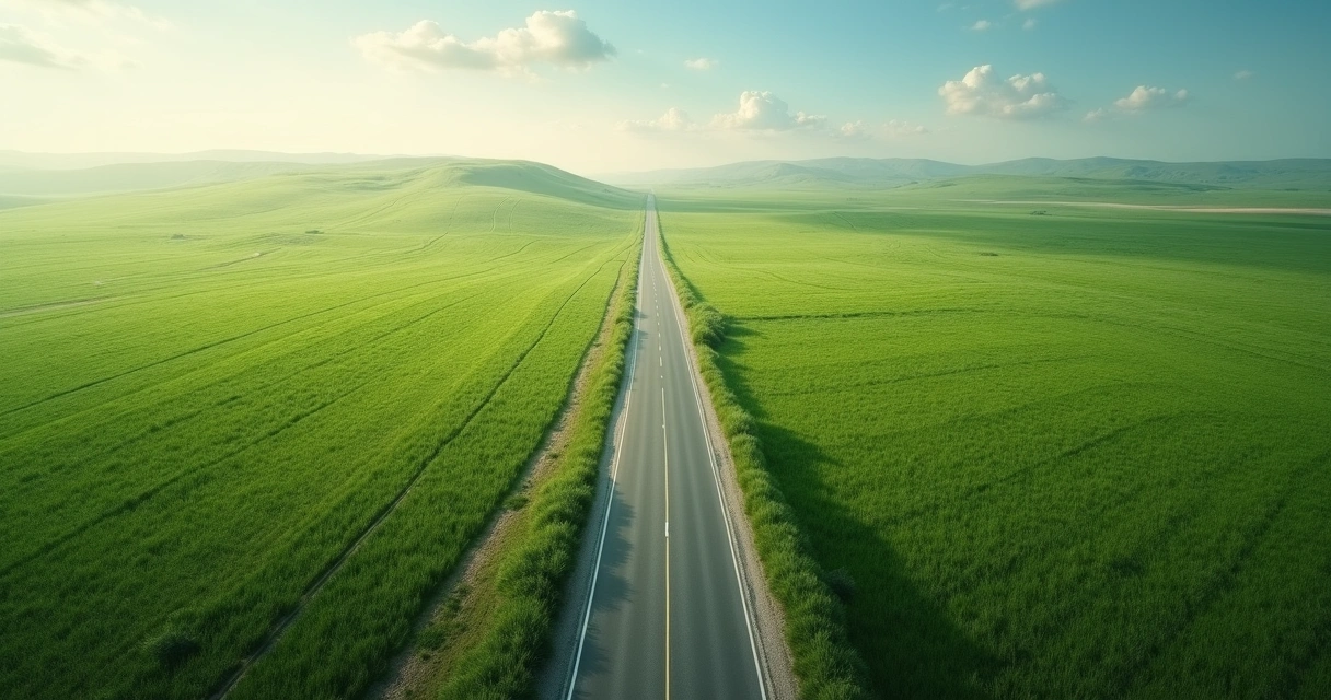 Duas estradas se dividindo em um campo verde 