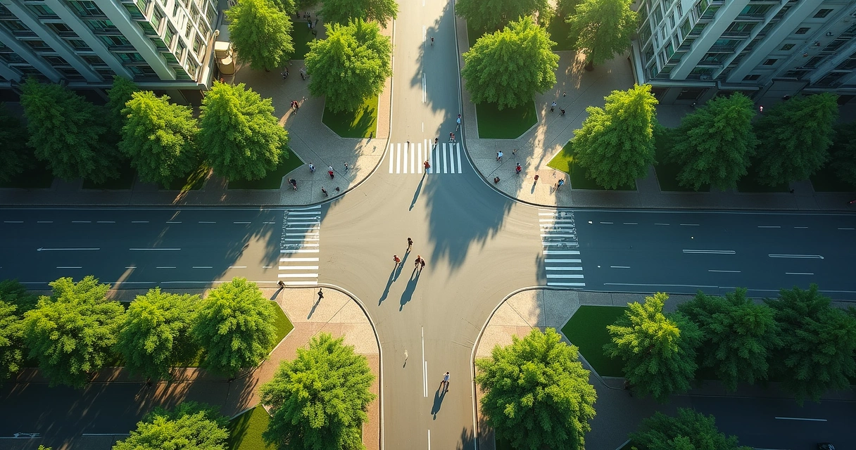 Rua de bifurcação em cidade arborizada, vista aérea, duas opções de caminho 