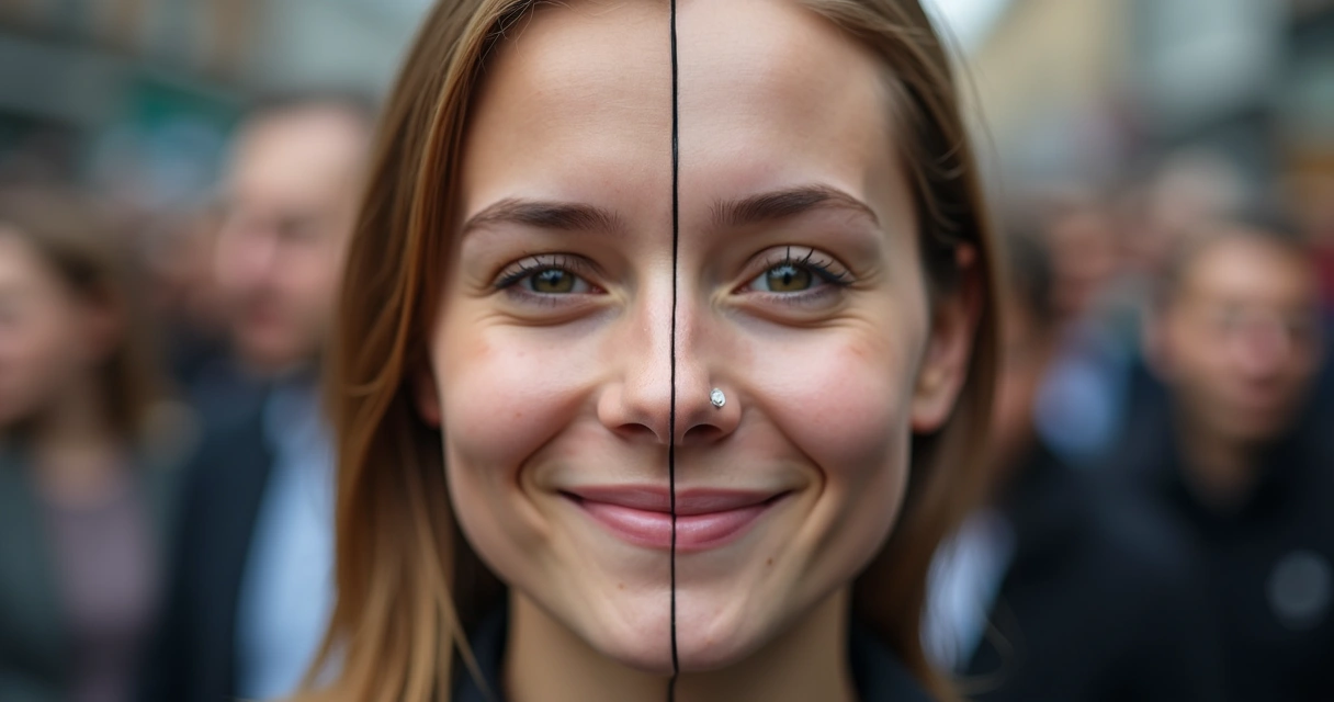 Rosto dividido ao meio, metade sorrindo genuinamente e metade com expressão socialmente neutra.