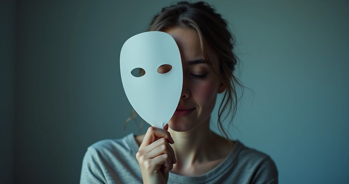 Pessoa segurando uma máscara com expressão neutra enquanto esconde o rosto real ao fundo