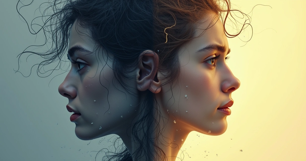 Ilustração de duas faces contrastando dor e aprendizado 