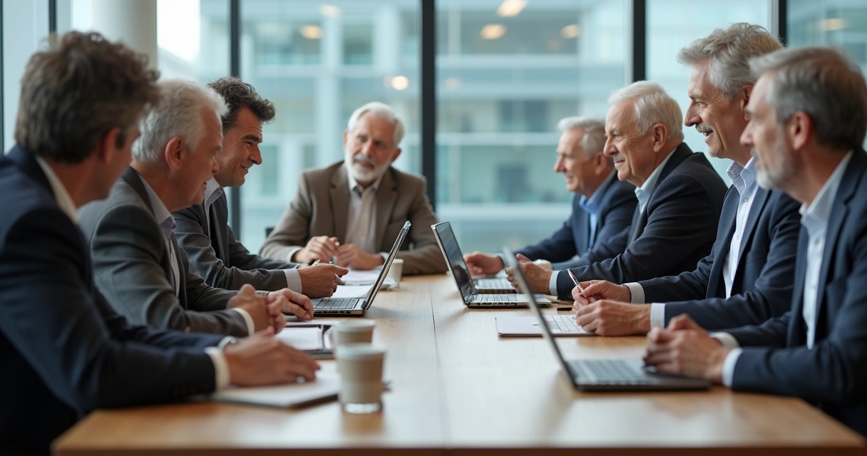 Duas gerações em reunião de negócios, discutindo transição de liderança em empresa familiar. 