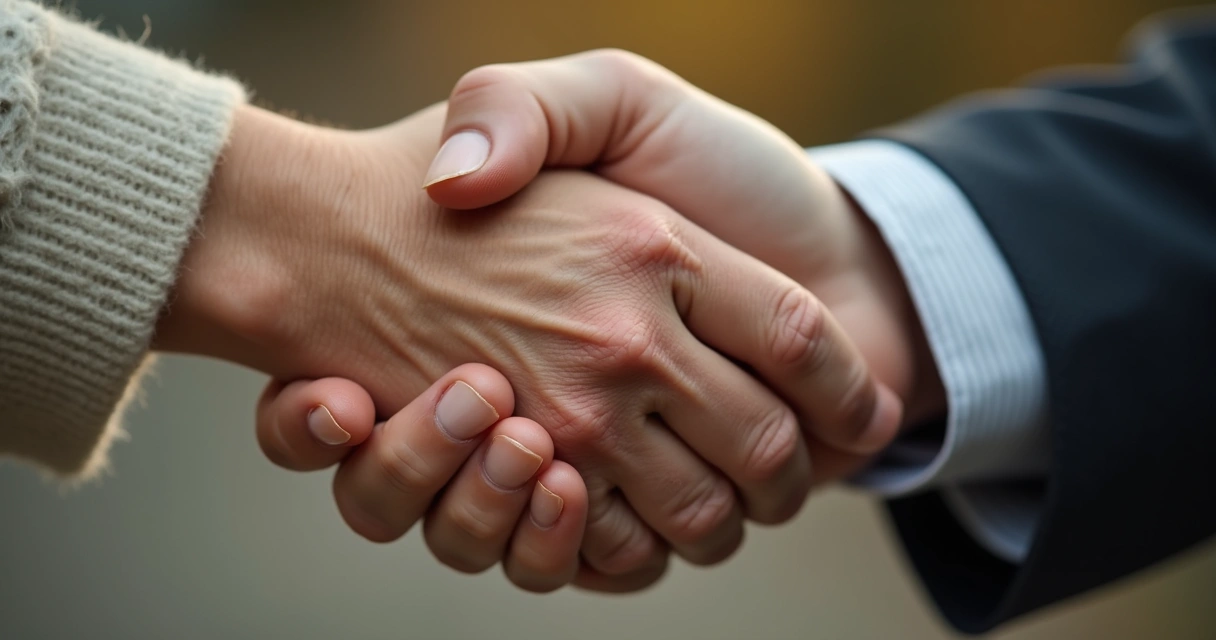 Jovem e idoso apertando as mãos, foco nas mãos de idades diferentes 