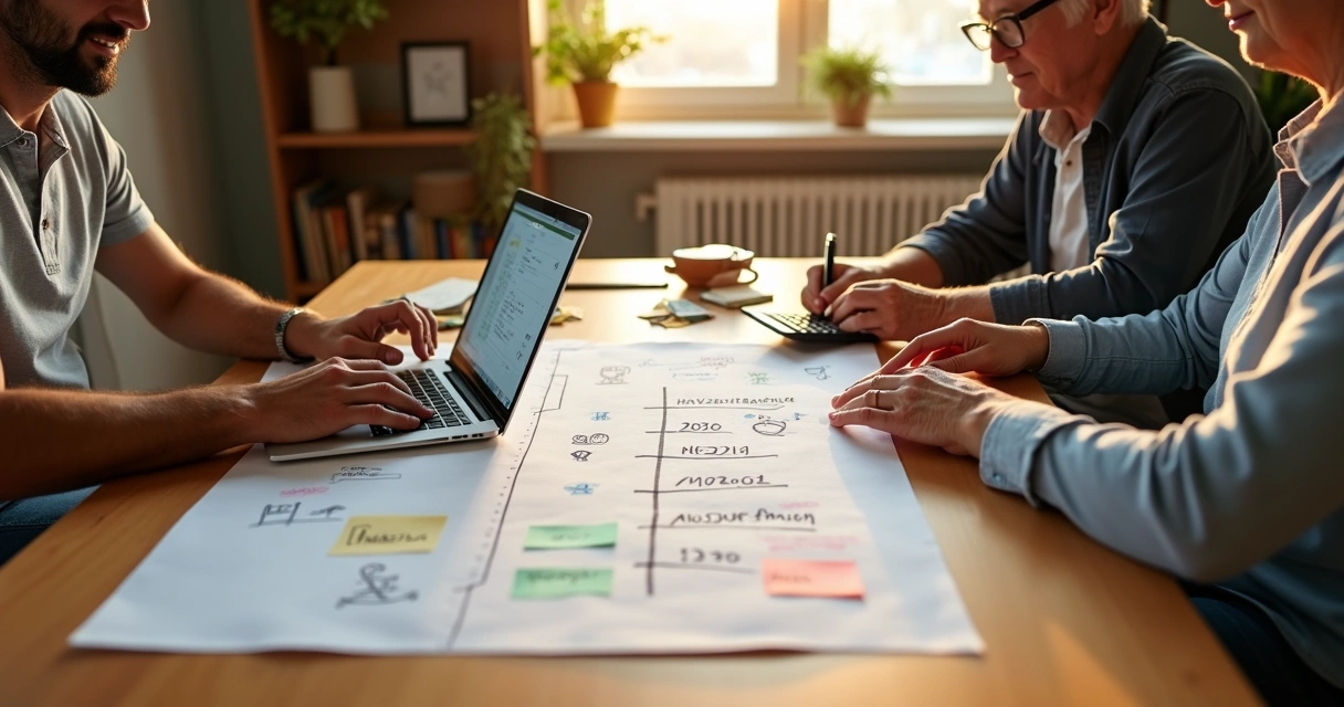 Duas gerações analisando linha do tempo financeira sobre a mesa 