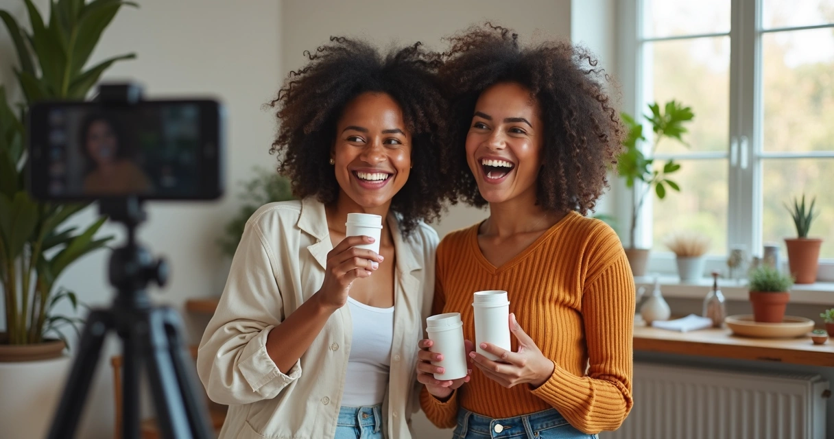 Duas mulheres sorrindo gravando vídeo juntas 