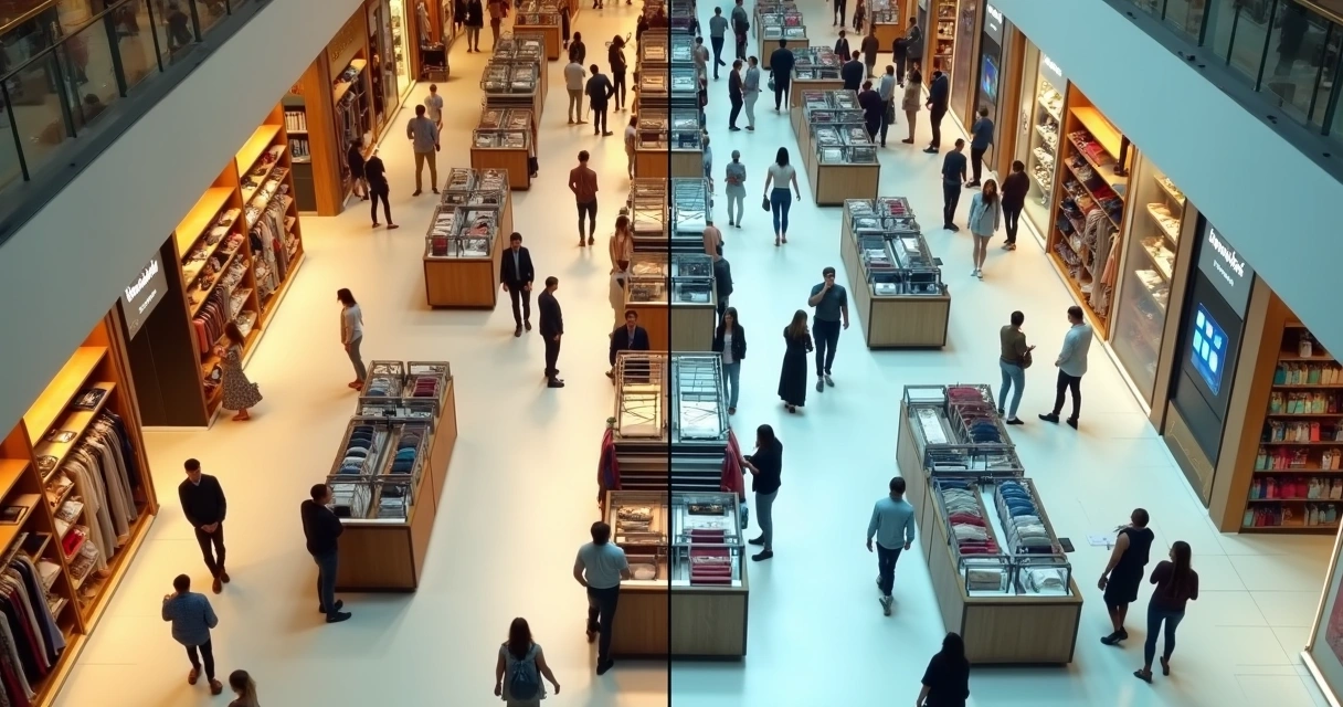 Comparação visual entre duas lojas de varejo com experiências de compra diferentes 