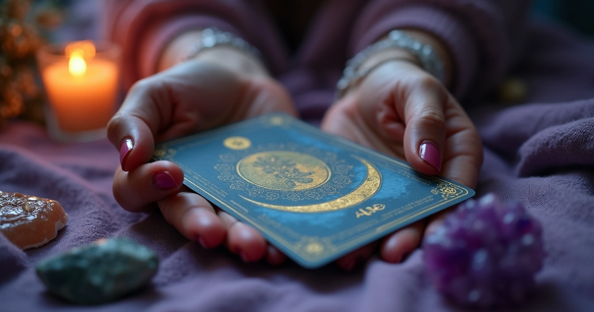 Mãos femininas segurando cartas de tarot e símbolo da lua 