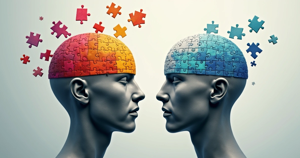 Duas cabeças humanas feitas de peças de quebra-cabeça, uma colorida em movimento e outra cinza estática 