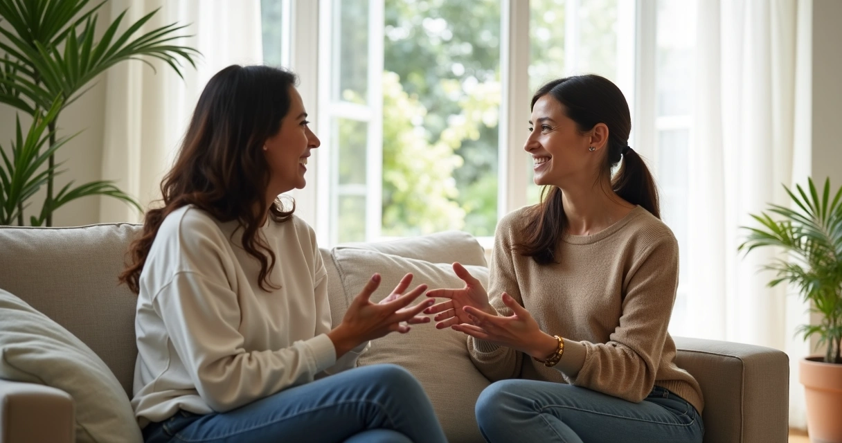 Duas mulheres sorrindo e conversando sentadas em um sofá 