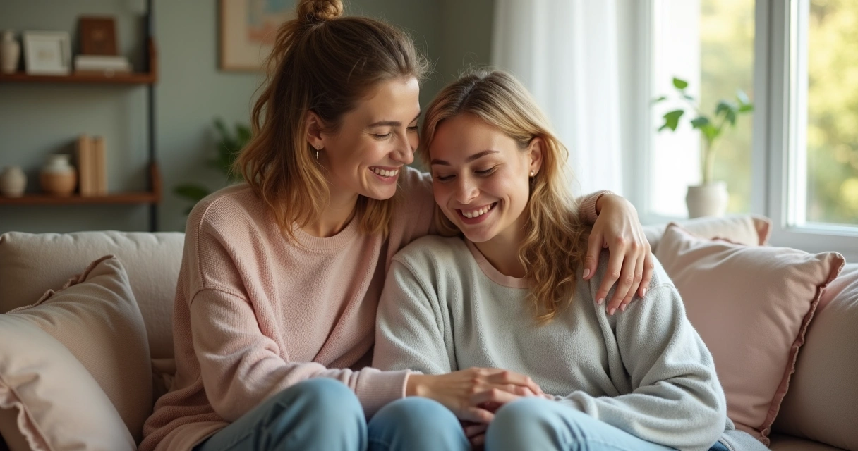 Duas mulheres sentadas conversando, expressando apoio e acolhimento 