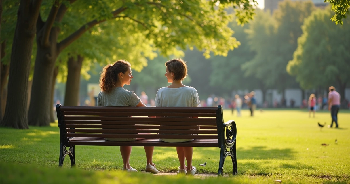 Duas mulheres conversando sentadas em banco de parque