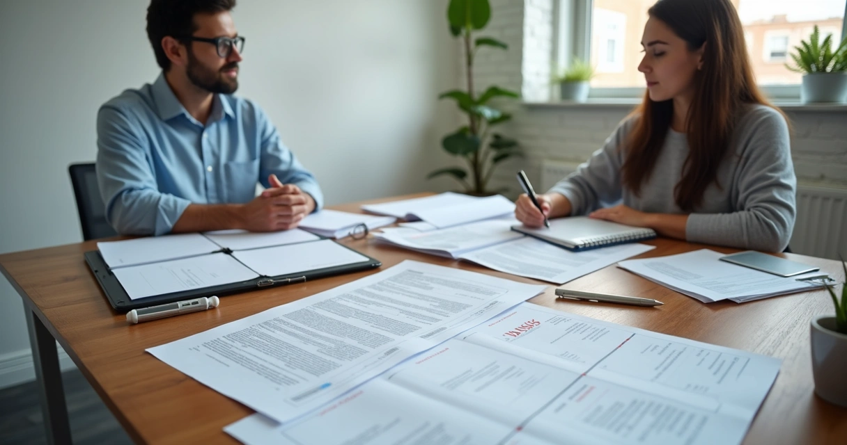 Duas pessoas lendo e analisando documentos em uma mesa clara