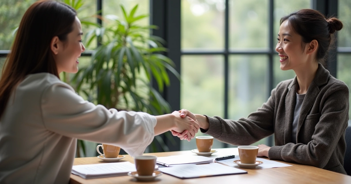 Duas pessoas se cumprimentam com um aperto de mão após discussão construtiva 