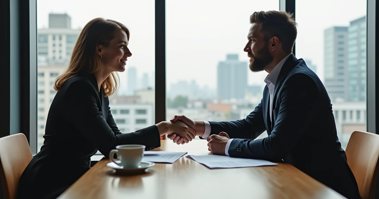 Duas pessoas sentadas em uma mesa apertando as mãos em gesto de confiança. 