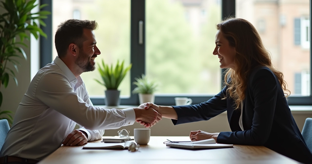 Duas pessoas apertando as mãos em um gesto de confiança e respeito mútuo