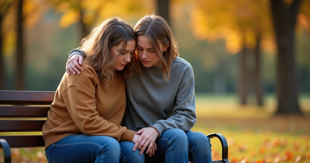 Duas pessoas sentadas conversando, uma apoiando a outra em momento triste 