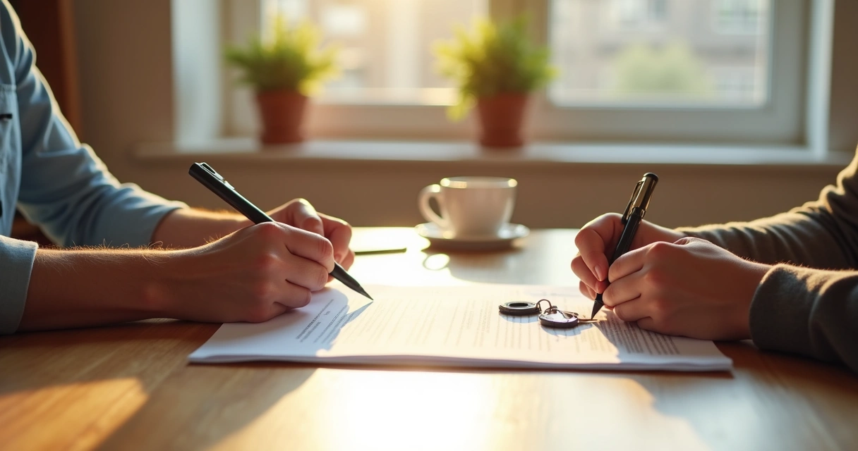 Duas pessoas assinando contrato de aluguel em uma mesa com uma chave ao lado 
