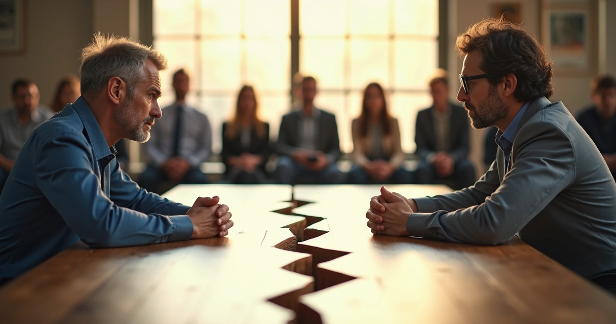 Duas pessoas com expressão séria olhando em direções opostas 