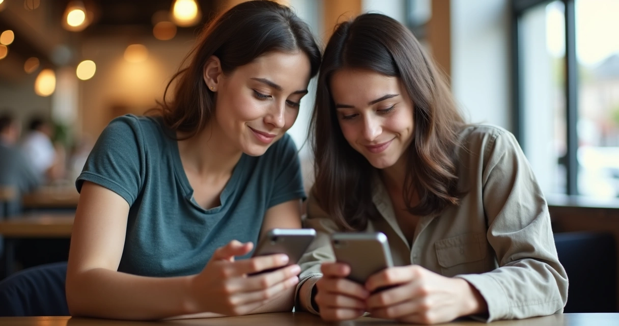 Duas pessoas olhando para seus celulares, sentadas lado a lado, com expressões neutras. 