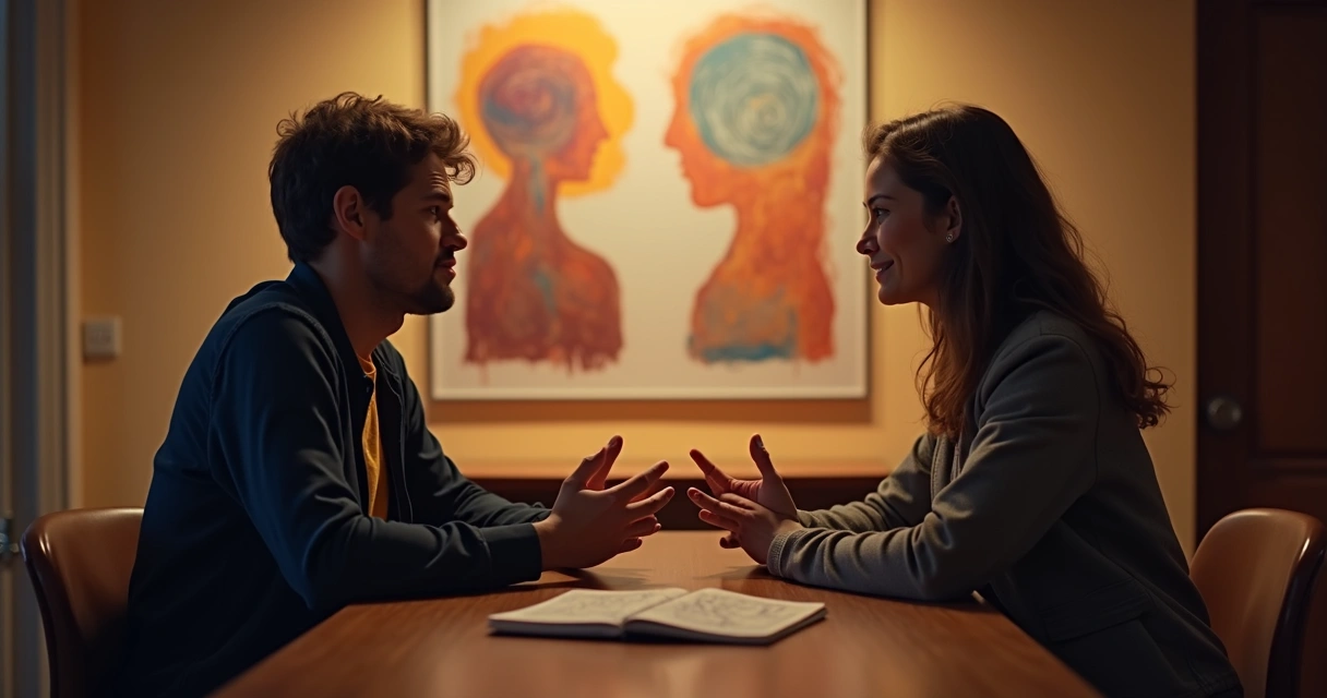 Duas pessoas sentadas, conversando frente a frente, expressando emoções. 