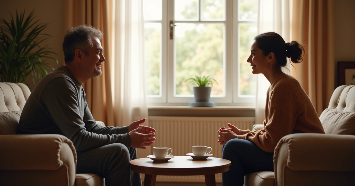 Duas pessoas em conversa atenta em ambiente acolhedor 