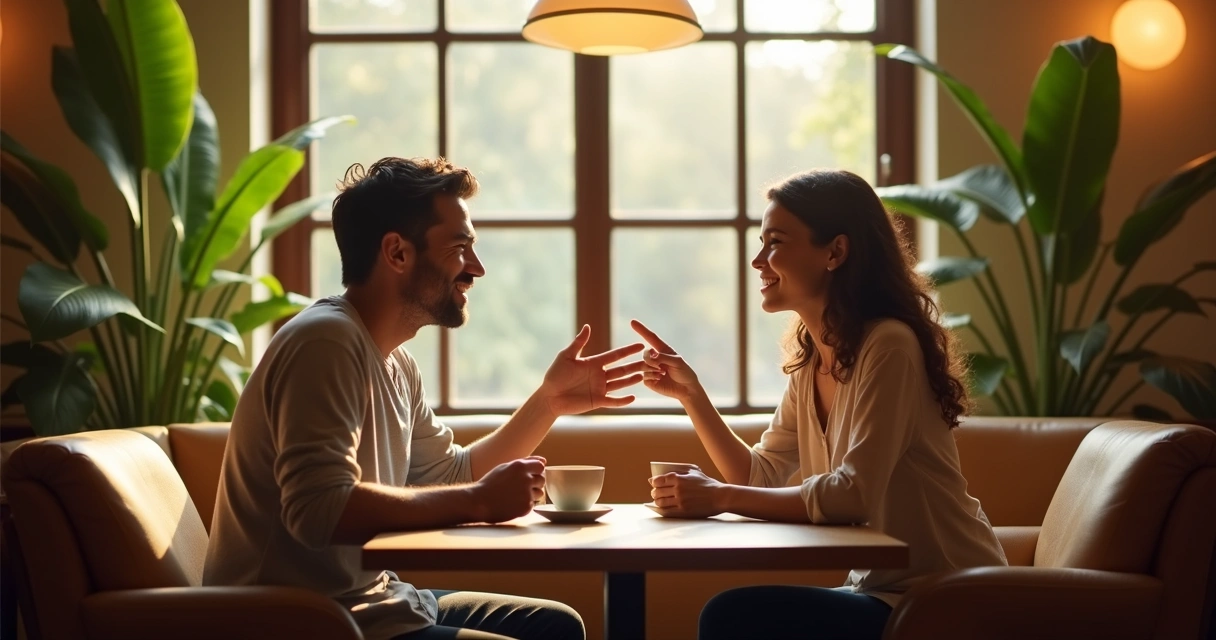Duas pessoas sentadas conversando em ambiente confortável e iluminado 