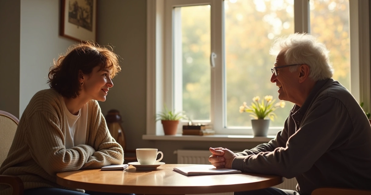 Duas pessoas sentadas conversando com atenção 