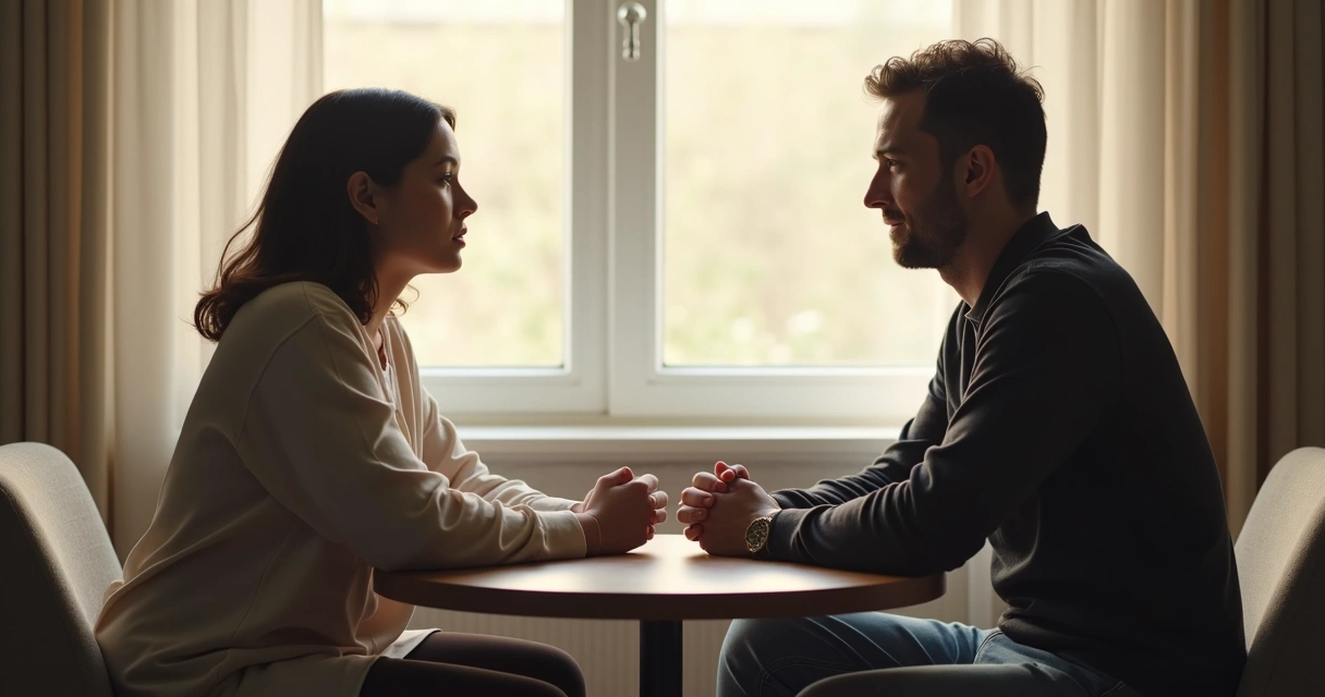 Duas pessoas sentadas frente a frente em ambiente tranquilo, ouvindo-se atentas. 