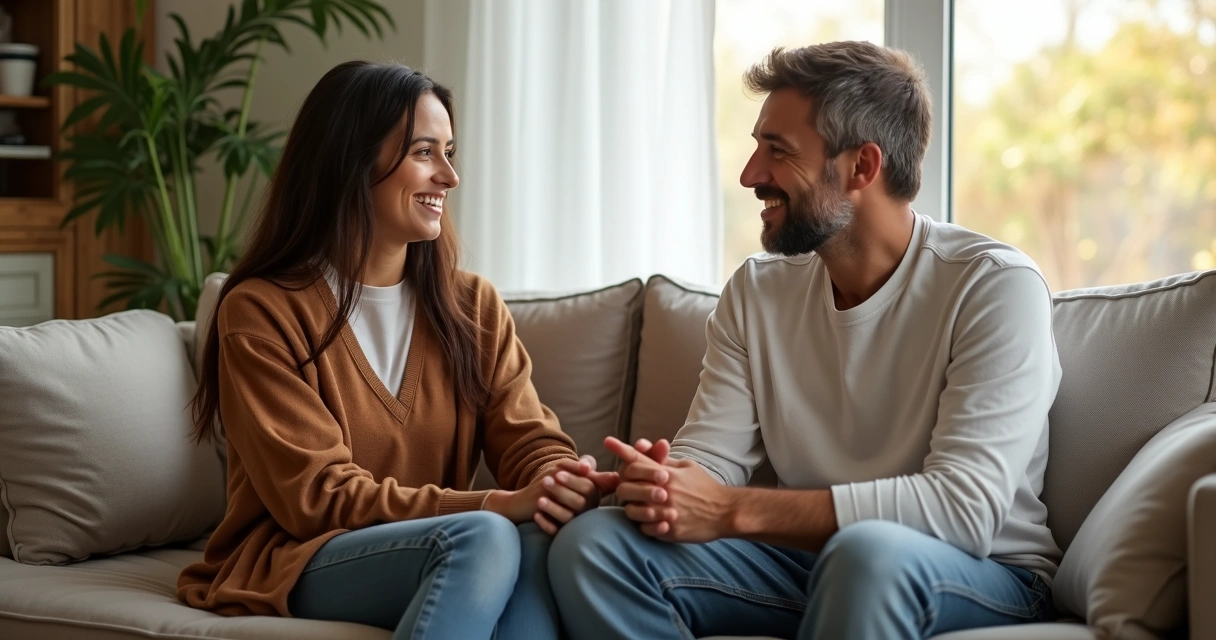 Duas pessoas conversando em ambiente acolhedor 