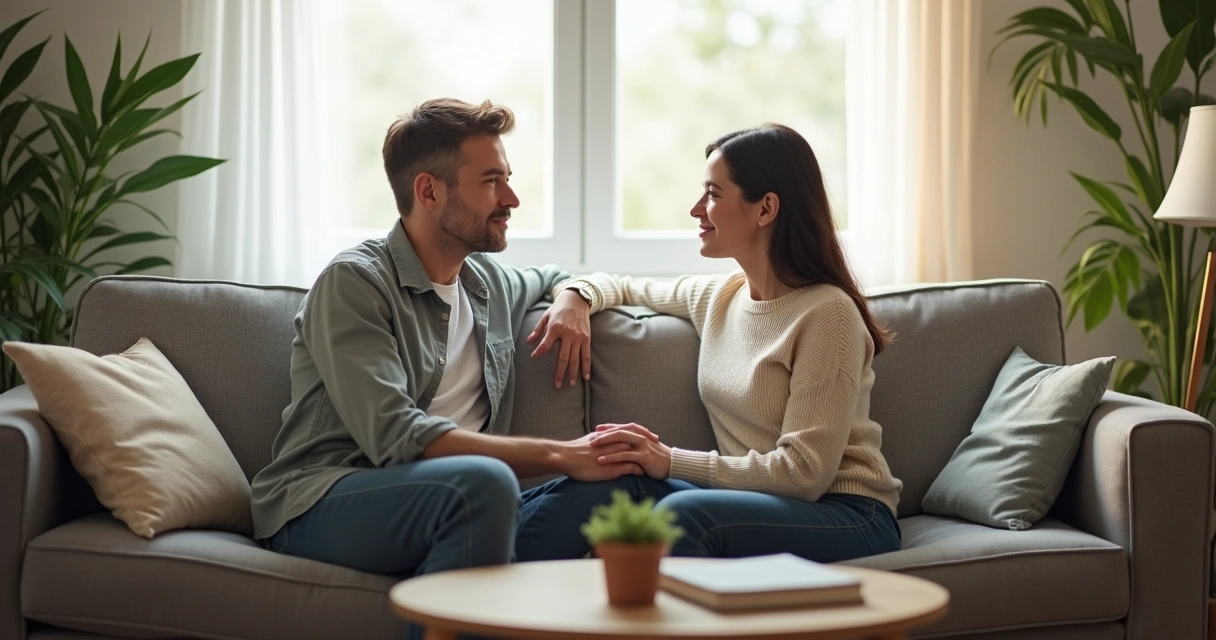 Duas pessoas sentadas conversando de forma tranquila em um sofá, demonstrando apoio mútuo