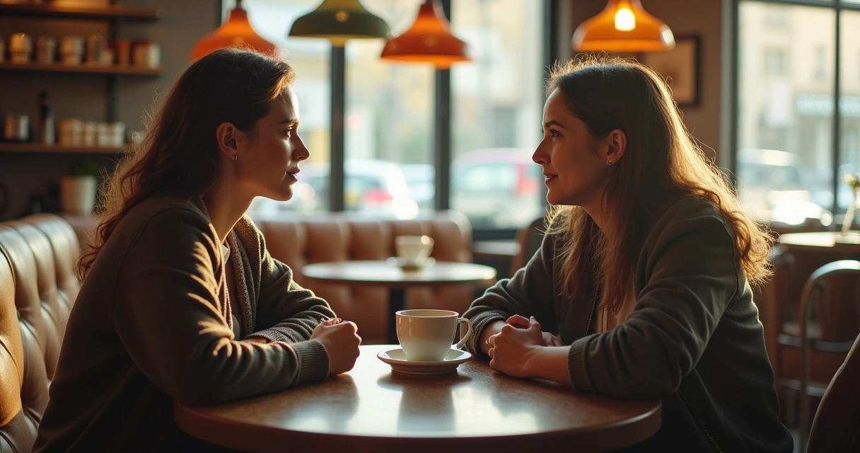 Duas pessoas conversando em uma cafeteria, sendo atenciosas 