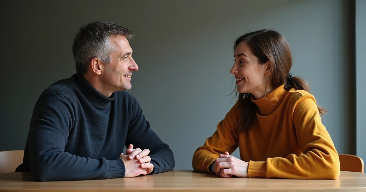 Duas pessoas conversando calmamente em uma mesa 