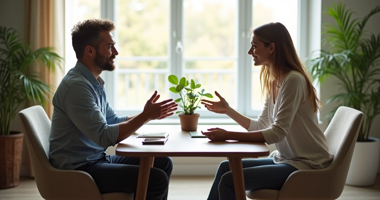 Duas pessoas sentadas conversando em tom calmo e respeitoso 