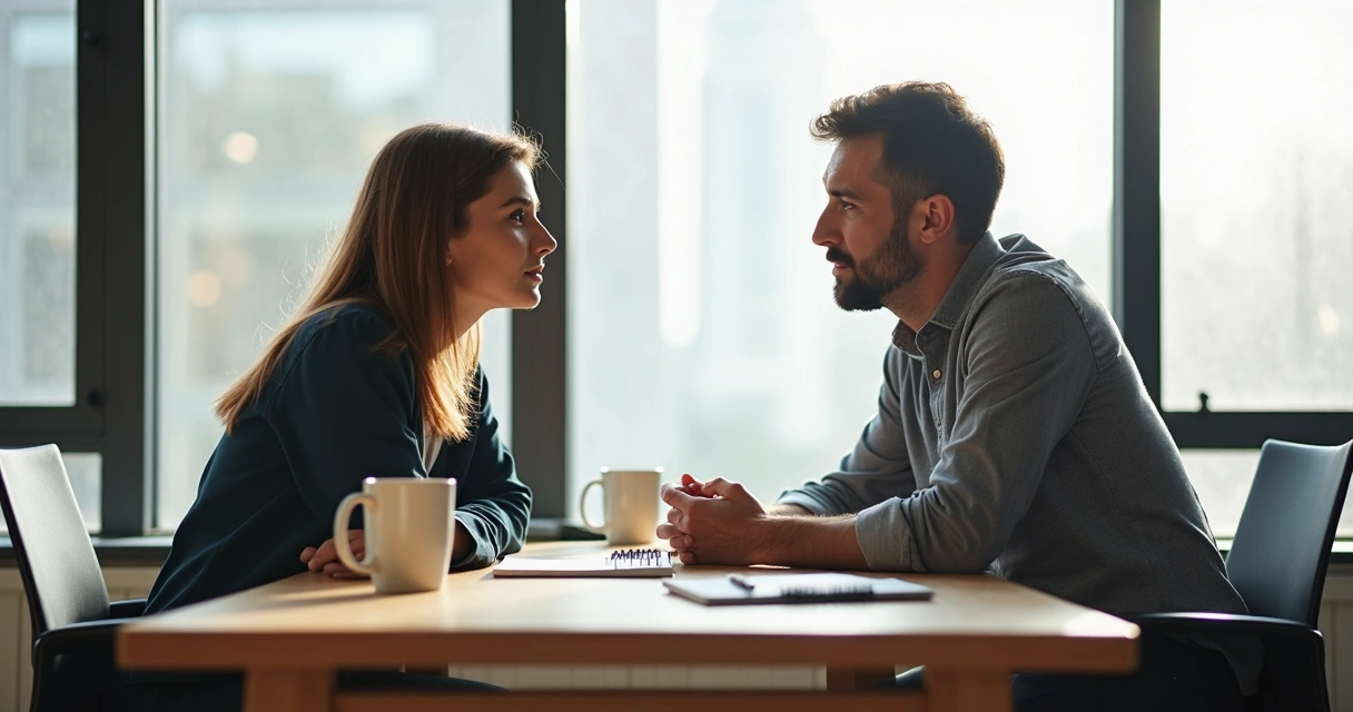 Duas pessoas sentadas à mesa conversando olhando-se nos olhos 