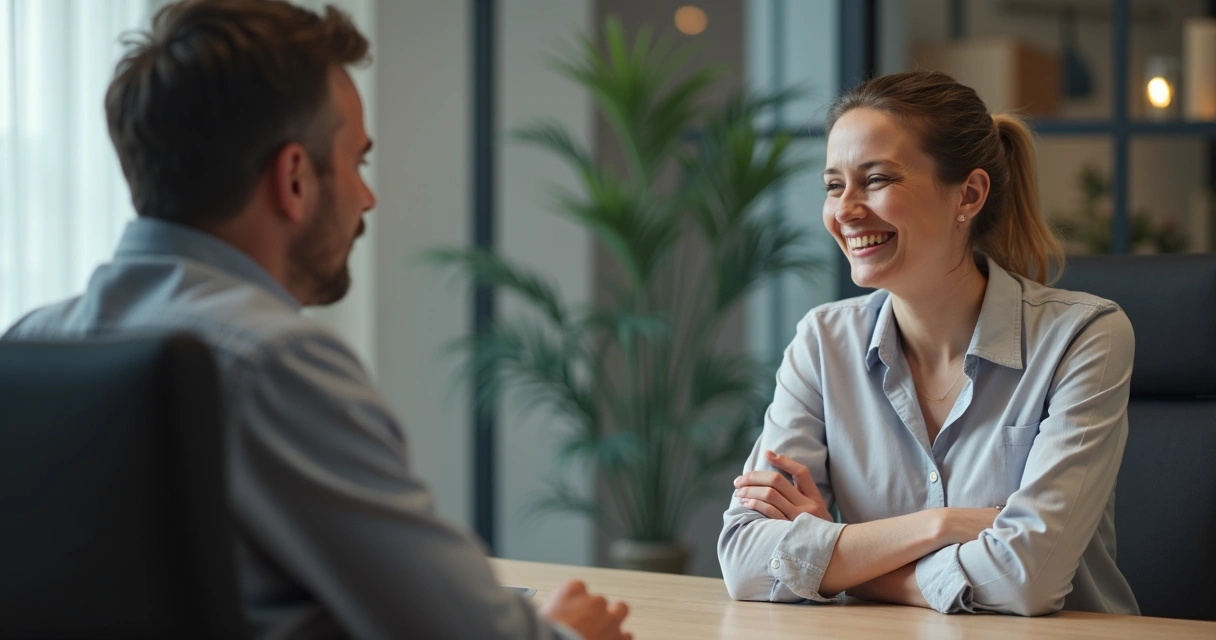 Duas pessoas conversando sentadas em uma sala neutra, expressão corporal ambígua