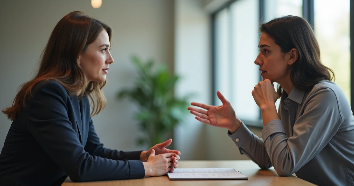 Duas pessoas conversando com expressão de empatia em ambiente profissional