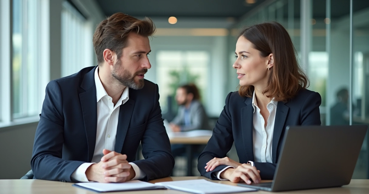 Duas pessoas conversam frente a frente em um ambiente de escritório 