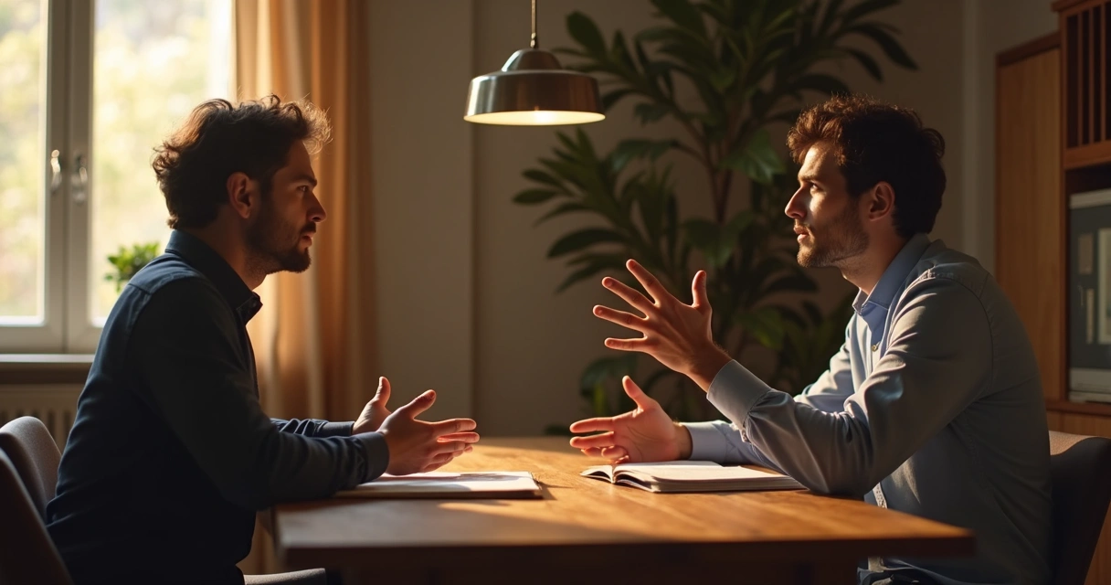 Duas pessoas conversam sentadas, uma escuta a outra com atenção 