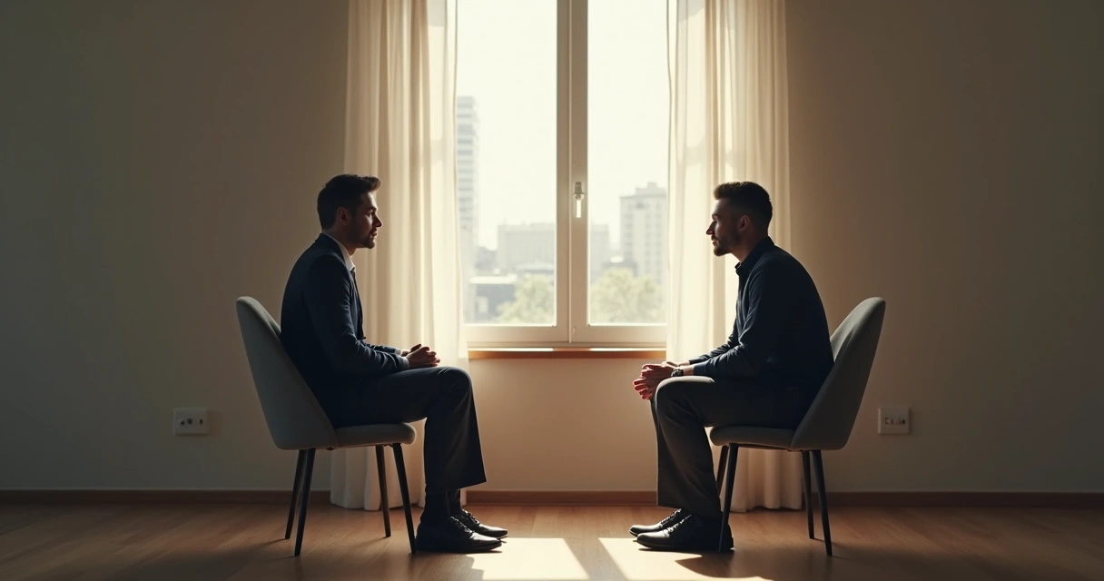 Duas pessoas sentadas em uma sala, conversando de maneira honesta.