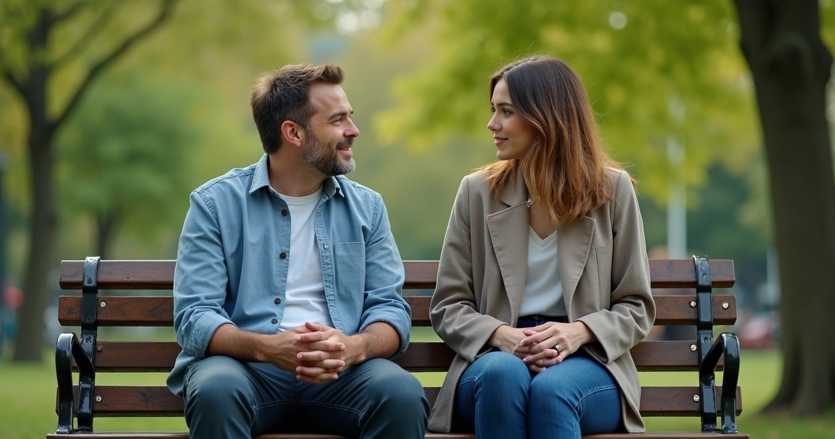 Duas pessoas sentadas e conversando em um banco urbano 