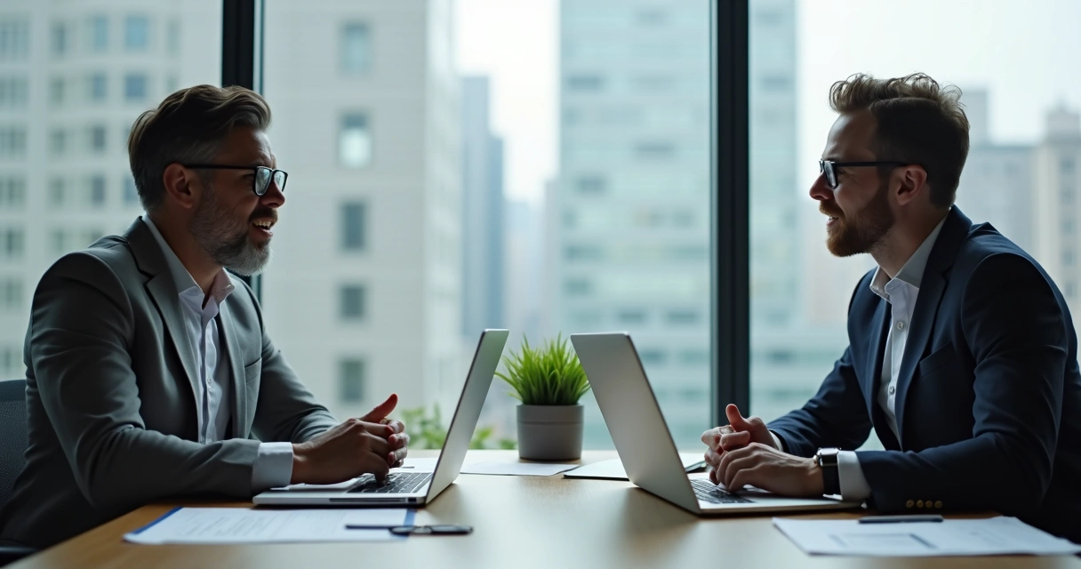Duas pessoas conversando no escritório 