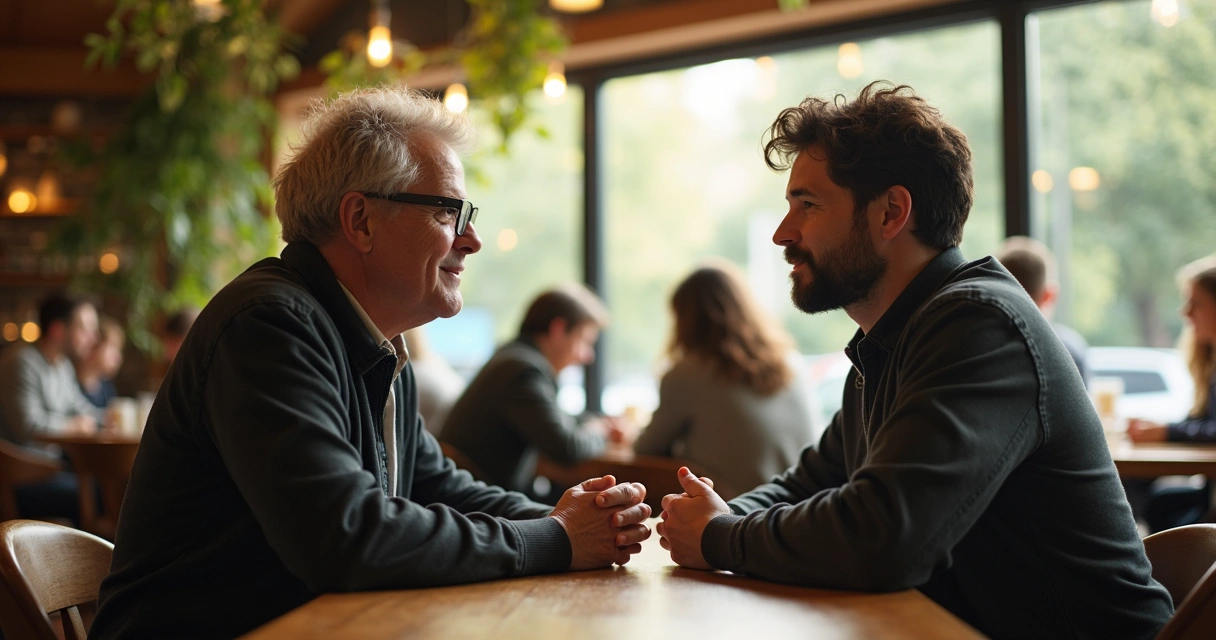 Duas pessoas sentadas conversando com olhar amigável
